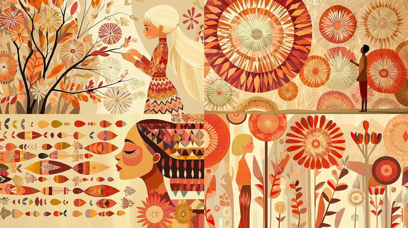Warm-Toned Retro Floral Tapestry Illustrations - Midjourney sref style