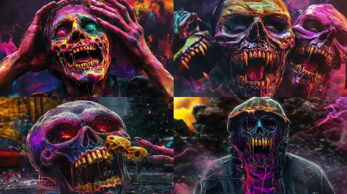 Psychedelic Neon Skulls: A Vivid Dance of Macabre Luminescence - Midjourney sref style