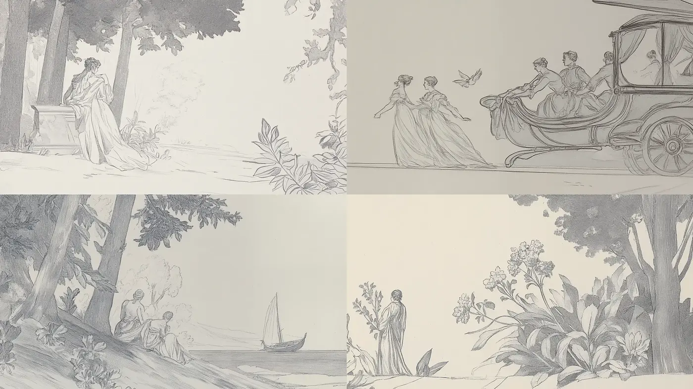 Ethereal Monochrome Sketches of Idyllic Scenes - Midjourney sref style