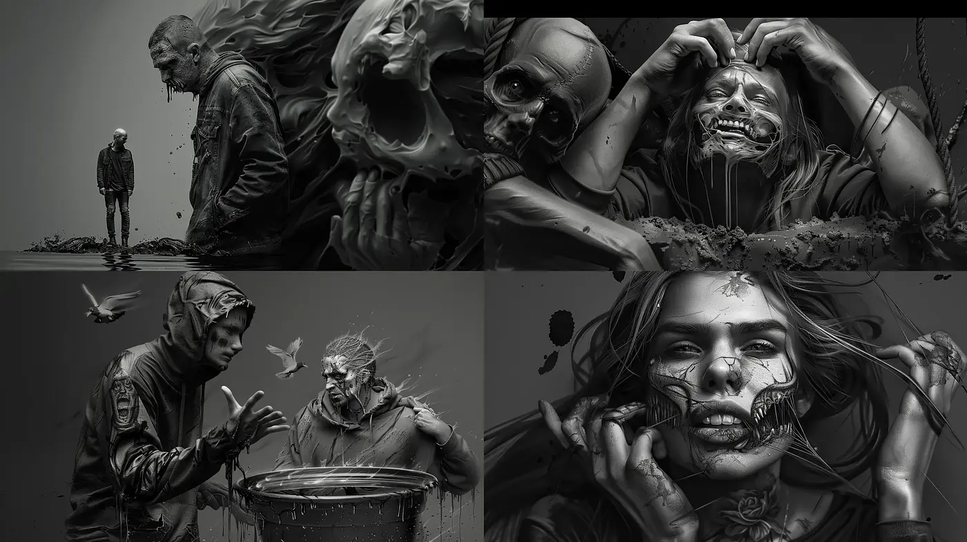 Monochromatic Macabre: A Study in Shadows and Photorealistic Horror - Midjourney sref style