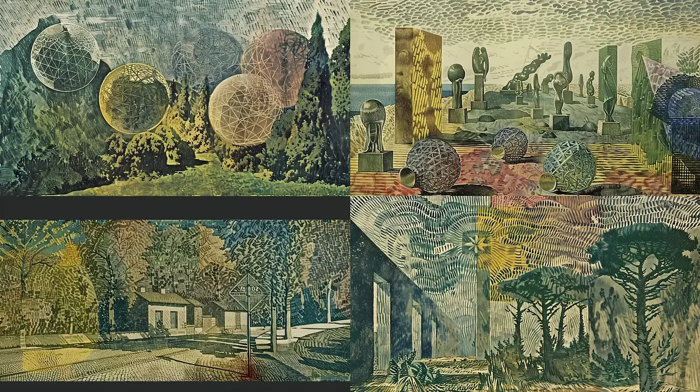 Surreal and abstract landscapes with a touch of whimsy - Midjourney sref style