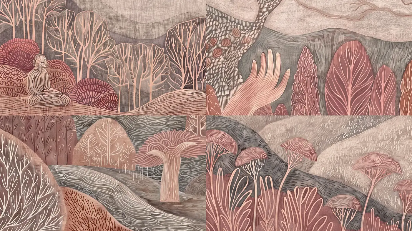 Whimsical Tapestry of Nature: An Enchanted Weave of Earthy Hues and Delicate Textures - Midjourney sref style