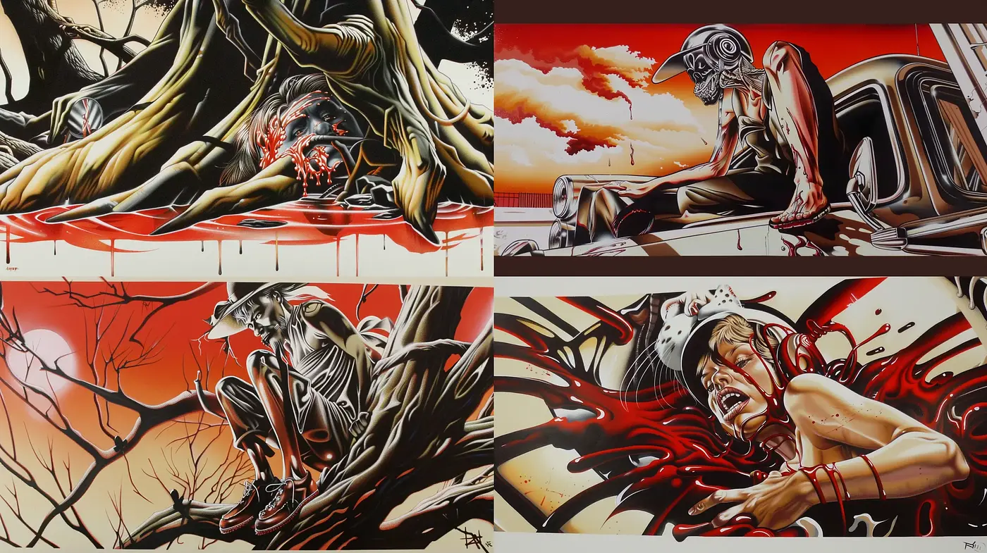 Dynamic Contrast and Surreal Horror in Graphic Novel Style - Midjourney sref style
