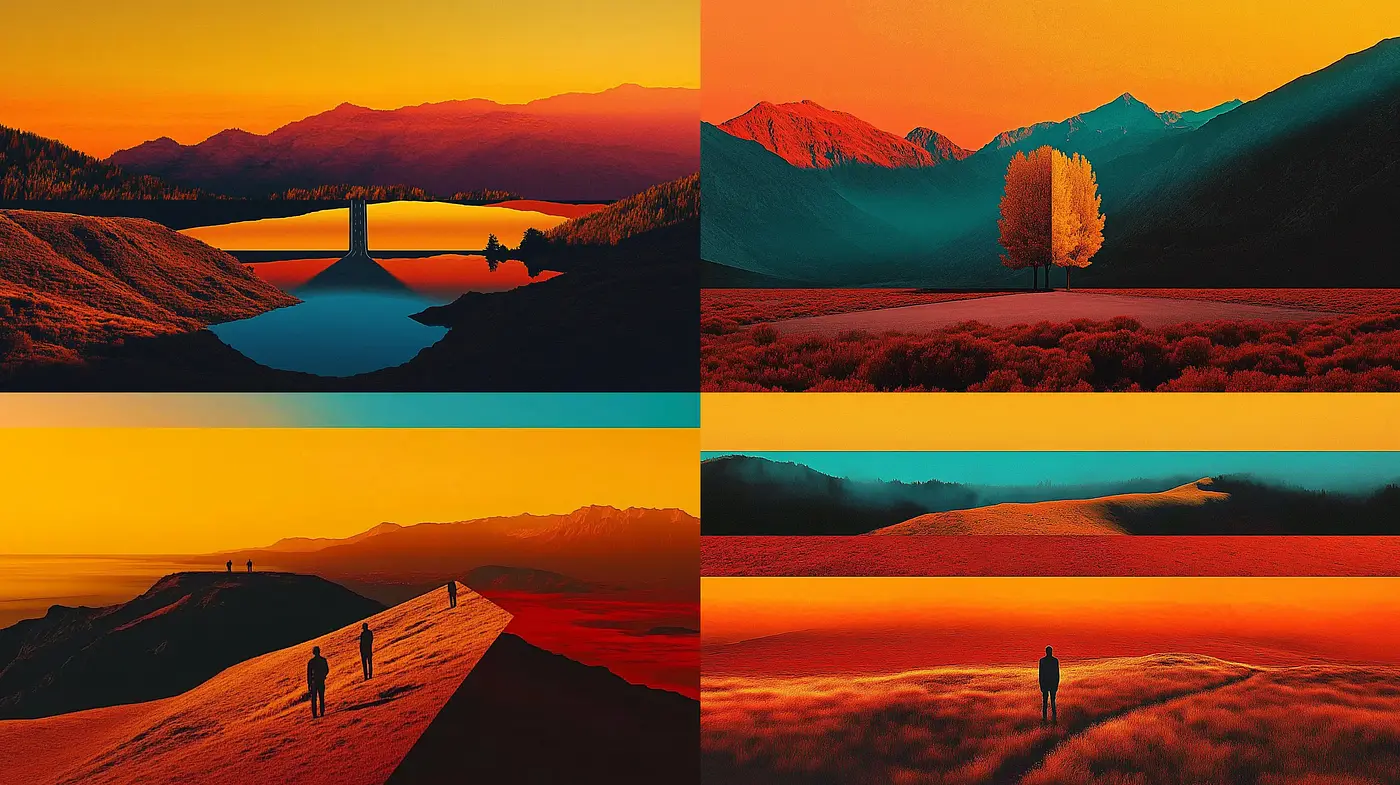 Crimson Dusk and Amber Highlights: A Vivid Landscape Series - Midjourney sref style