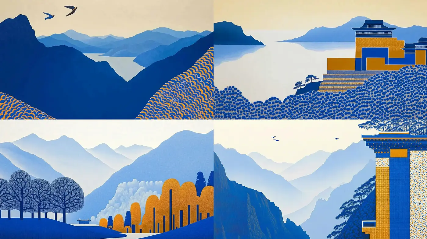 Tranquil Serenity in Stylized Landscapes: A Reverence to Japanese Woodblock Prints - Midjourney sref style