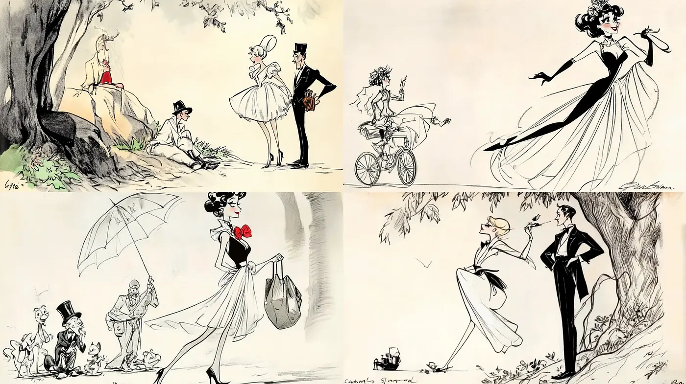 Enchanted Elegance: Whimsical Mid-Century Fashion Illustrations - Midjourney sref style