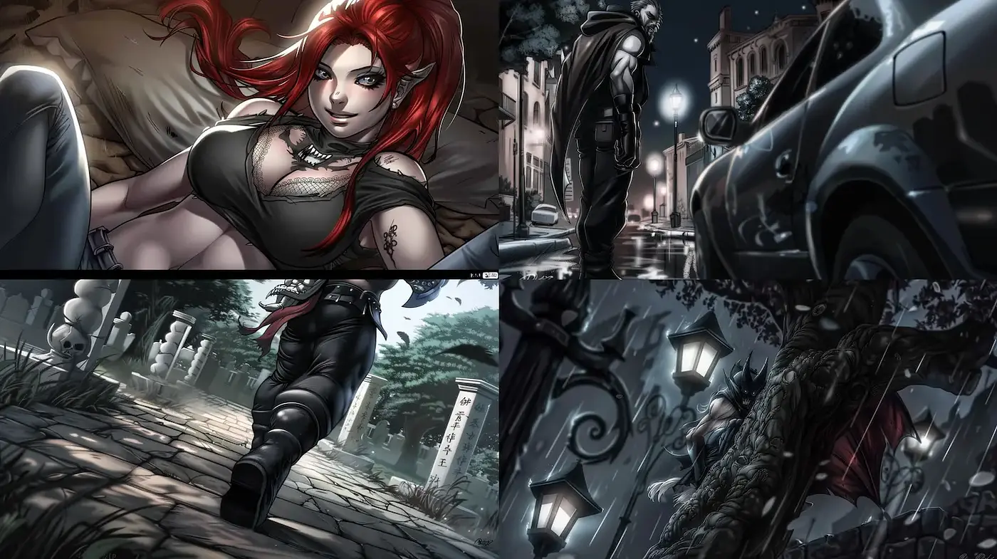 Dramatic Comic-style Art with Noir Elements and a Dark Color Scheme - Midjourney sref style