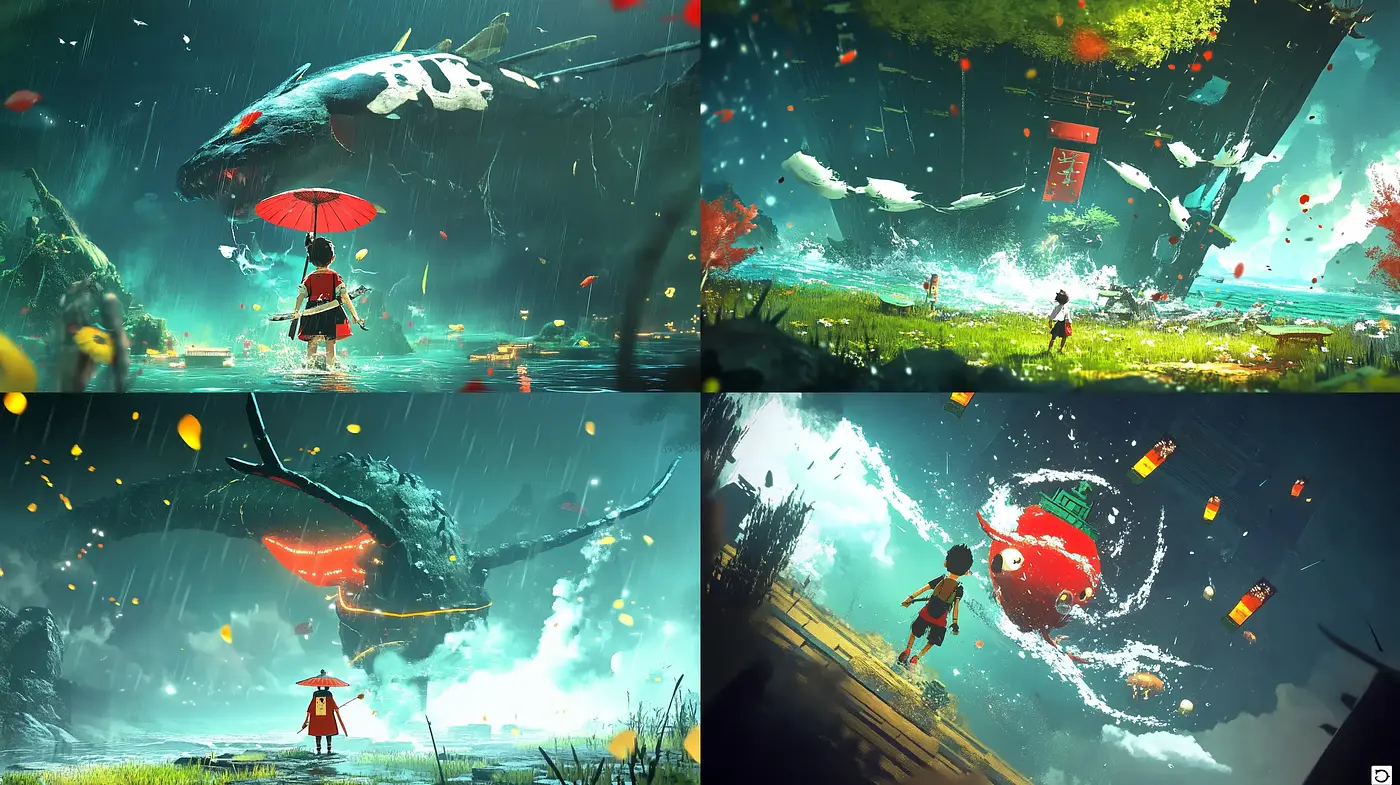 Ethereal Dreamscape with Vivid Contrasts and Dynamic Compositions - Midjourney sref style