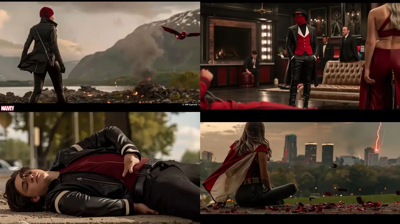 Cinematic Tapestry of Somber Elegance with Dynamic Red Accents - Midjourney sref style