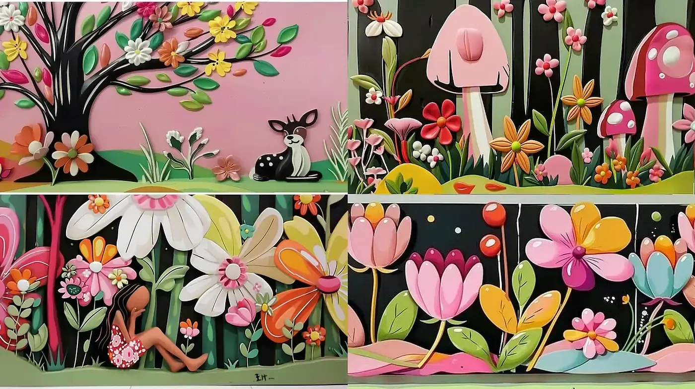 Whimsical Floral Fantasy with Playful Characters and Vibrant Colors - Midjourney sref style