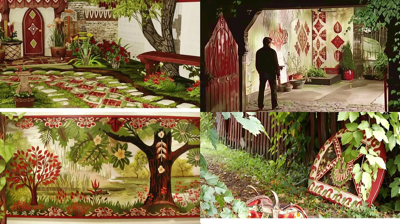 Vibrant Garden Tapestry: A Seamless Blend of Folk Art Motifs and Lush Nature - Midjourney sref style