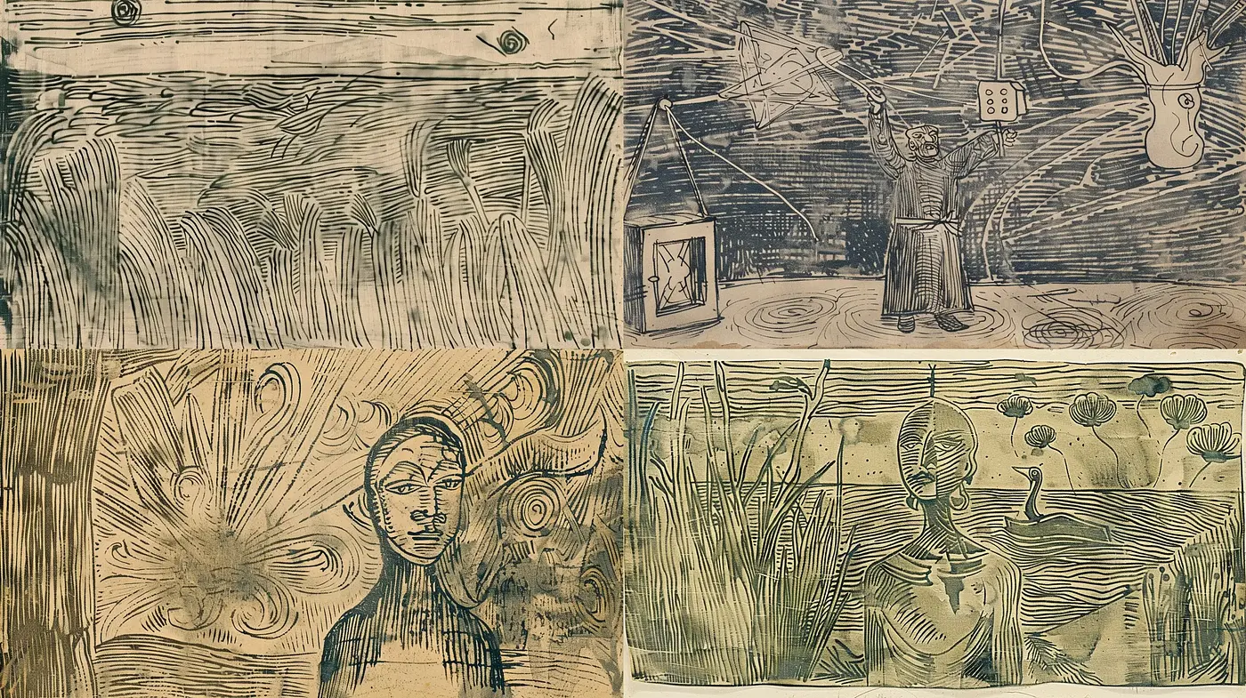 Whimsical Ink Sketches with Surrealist and Expressionist Overtones - Midjourney sref style