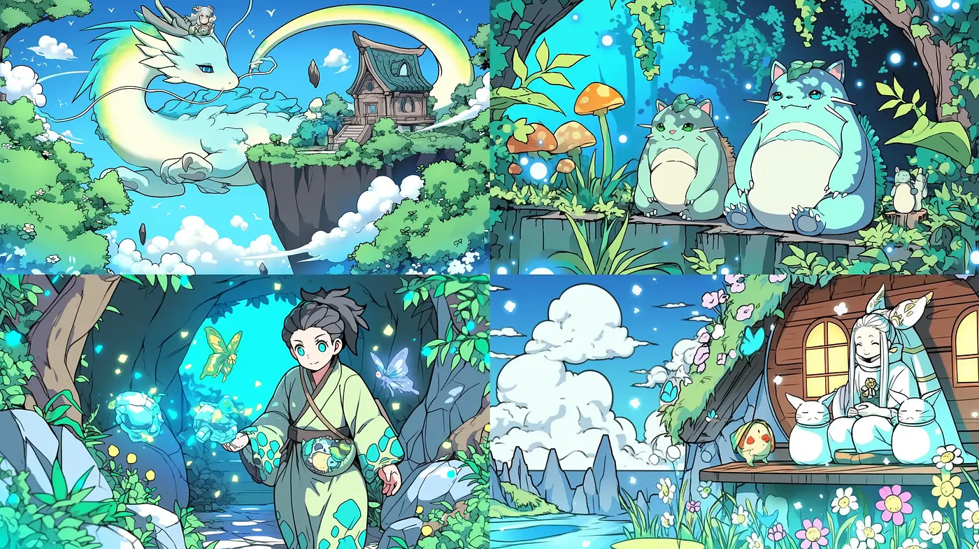 Enchanted Realm of Serene Fantasy: A Tranquil Blend of Anime-Inspired Whimsy - Midjourney sref style