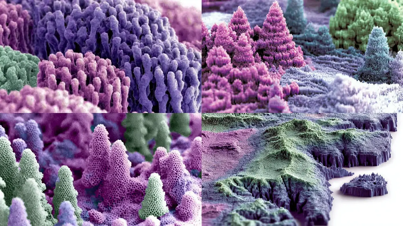 Captivating Microscopic Landscapes with a Surreal Touch - Midjourney sref style