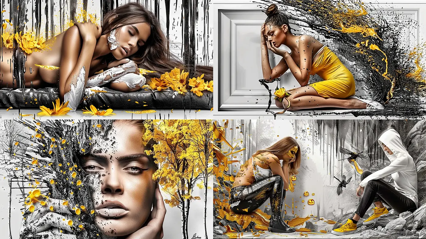 Harmonious Blend of Monochrome and Vivid Autumnal Hues - Midjourney sref style