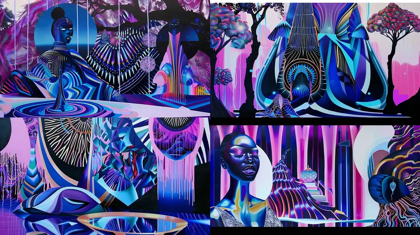 Psychedelic Dreamscape Fusion with Vibrant Surrealist Overtones - Midjourney sref style