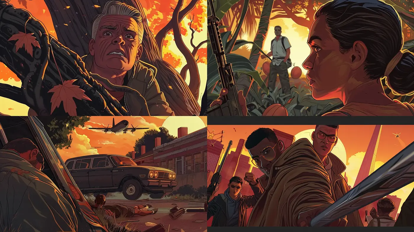 Sunset Hues and Dramatic Shadows: A Cinematic Graphic Novel Illustration - Midjourney sref style