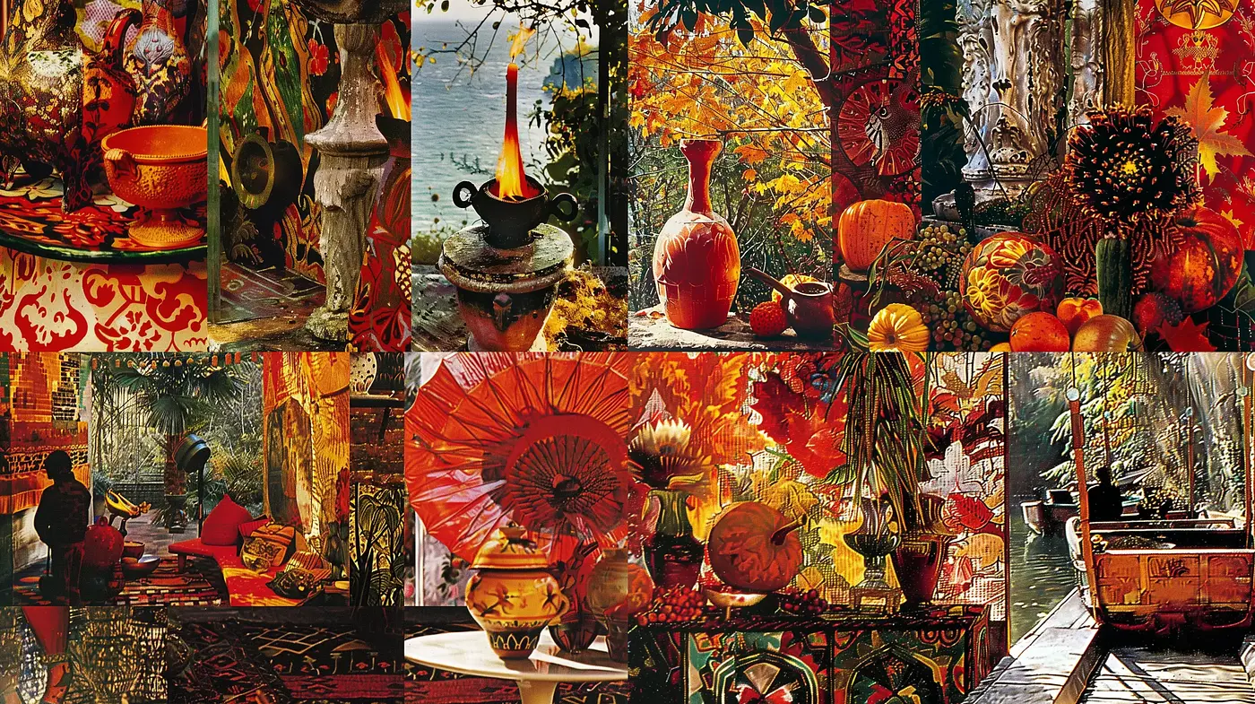 Autumnal Abundance in Textured Hues: A Fusion of Warm Tones and Rich Detail - Midjourney sref style