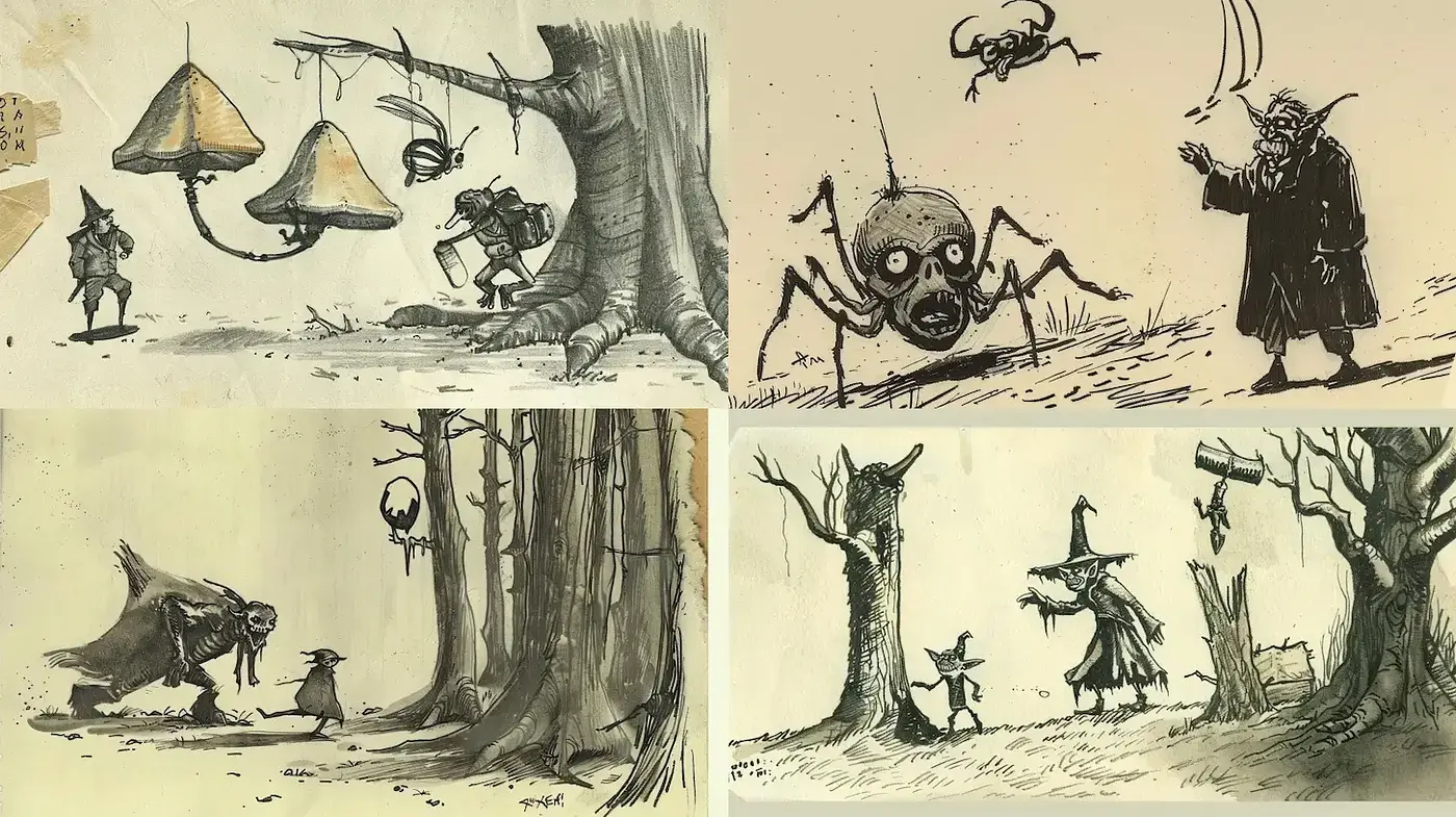 Enigmatic and Whimsical Storybook Illustrations with a Dark Edge - Midjourney sref style