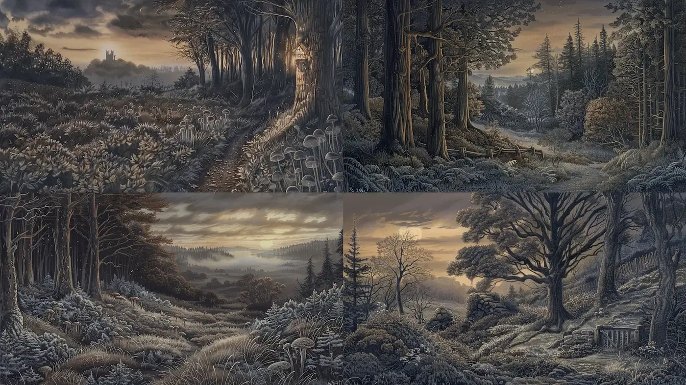 Mysterious Forest Landscapes with Ethereal Light - Midjourney sref style