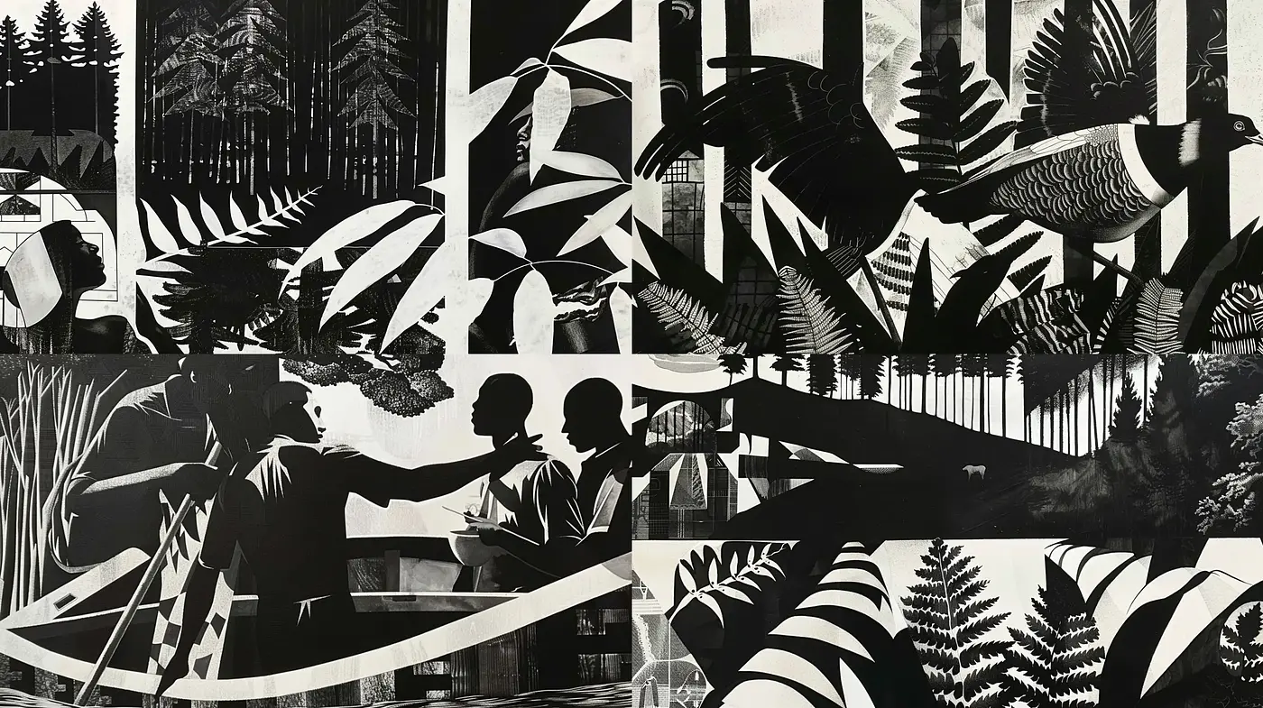 Monochromatic Tapestry of Stylized Nature and Human Silhouettes - Midjourney sref style
