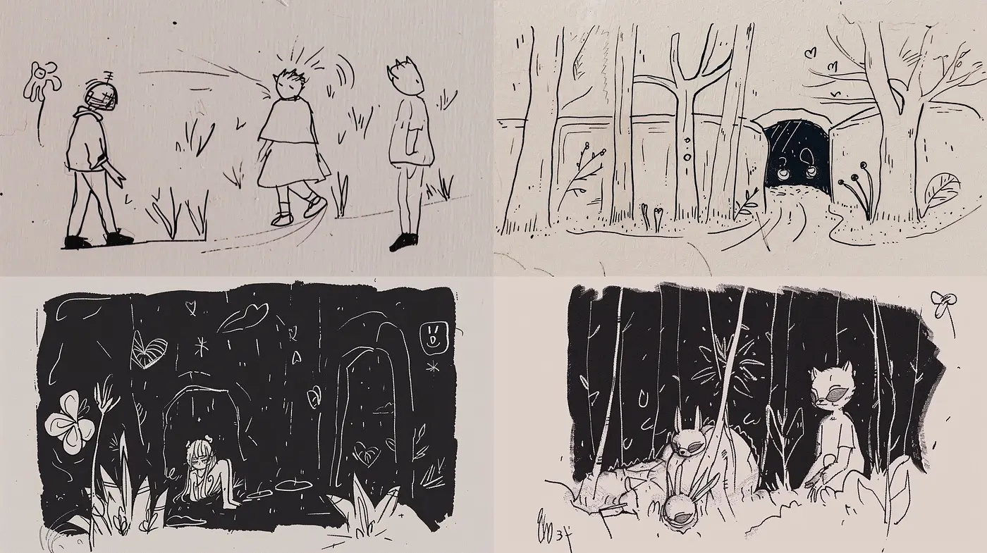 Monochromatic Whimsy: Sketch-like Enchantment in Graphite Tones - Midjourney sref style