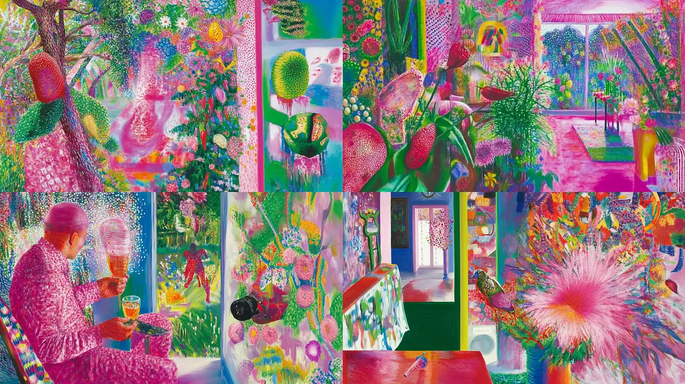 Psychedelic Garden Dreamscapes with Vibrant Texture Medley - Midjourney sref style
