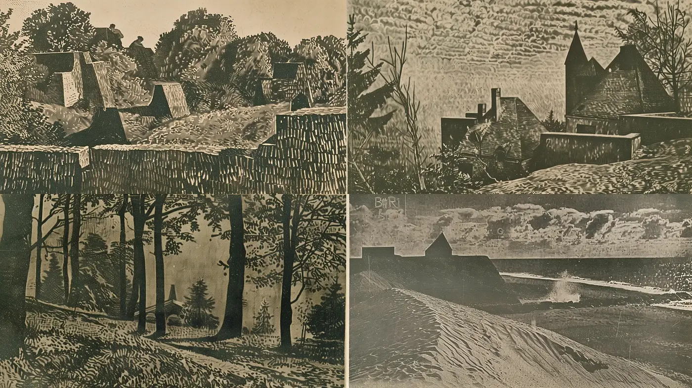 Sepia-toned Etching-like Textured Vistas - Midjourney sref style