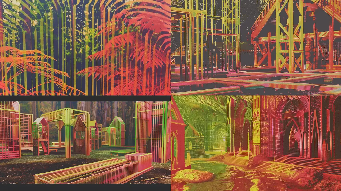Neon-lit Architectural Dreamscape in Chromatic Abstraction - Midjourney sref style