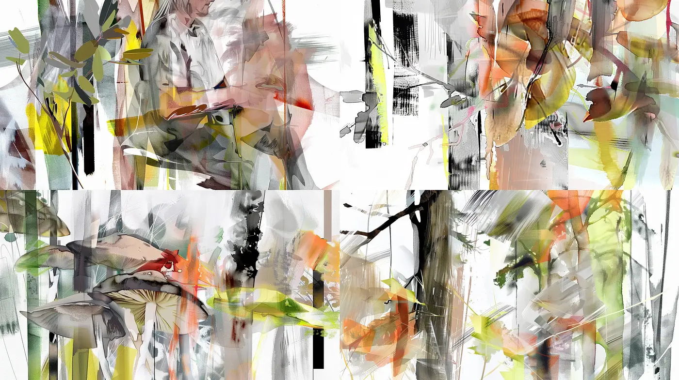 Abstract Brushstroke Fusion with a Hint of Nature's Palette - Midjourney sref style