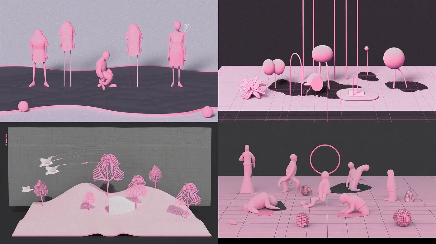 Monochromatic Pink Dreamscape with Surreal and Minimalist Aesthetics - Midjourney sref style
