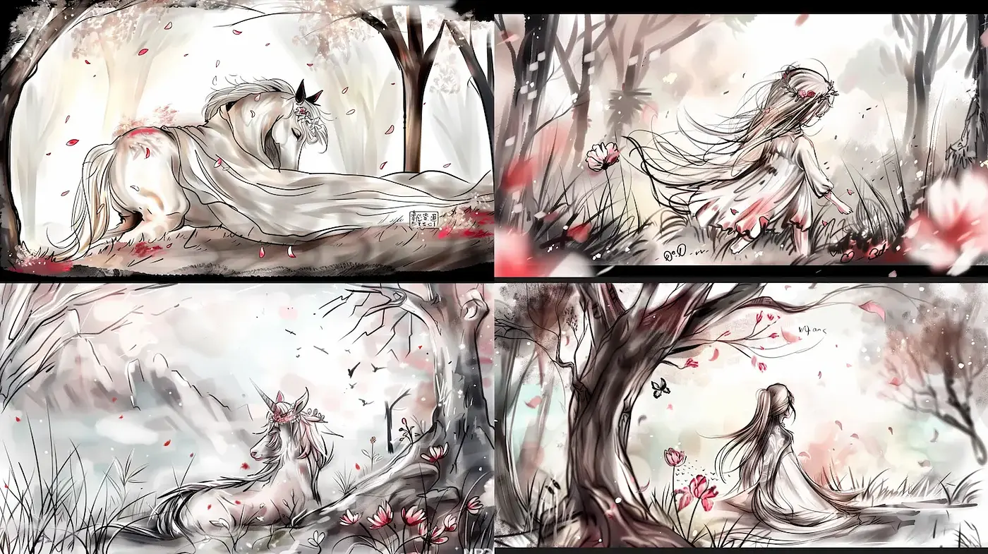 Whimsical and ethereal pastel scenes with flowing elements - Midjourney sref style