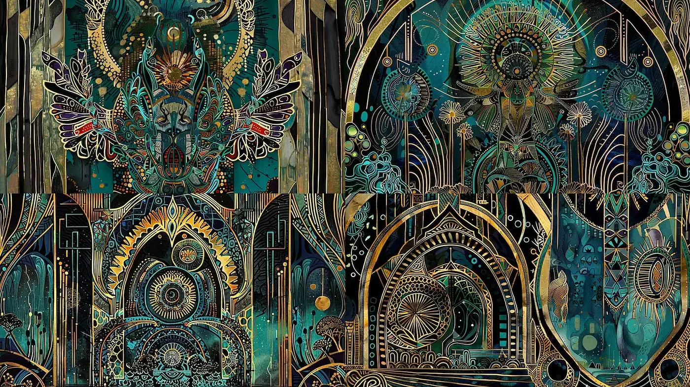 Intricate and Vibrant Art Deco Inspired Designs with Mystical Elements - Midjourney sref style