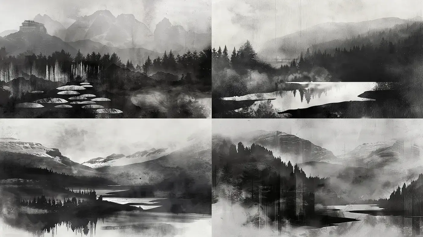 Mysterious and Ethereal Landscape with Monochromatic Hues - Midjourney sref style