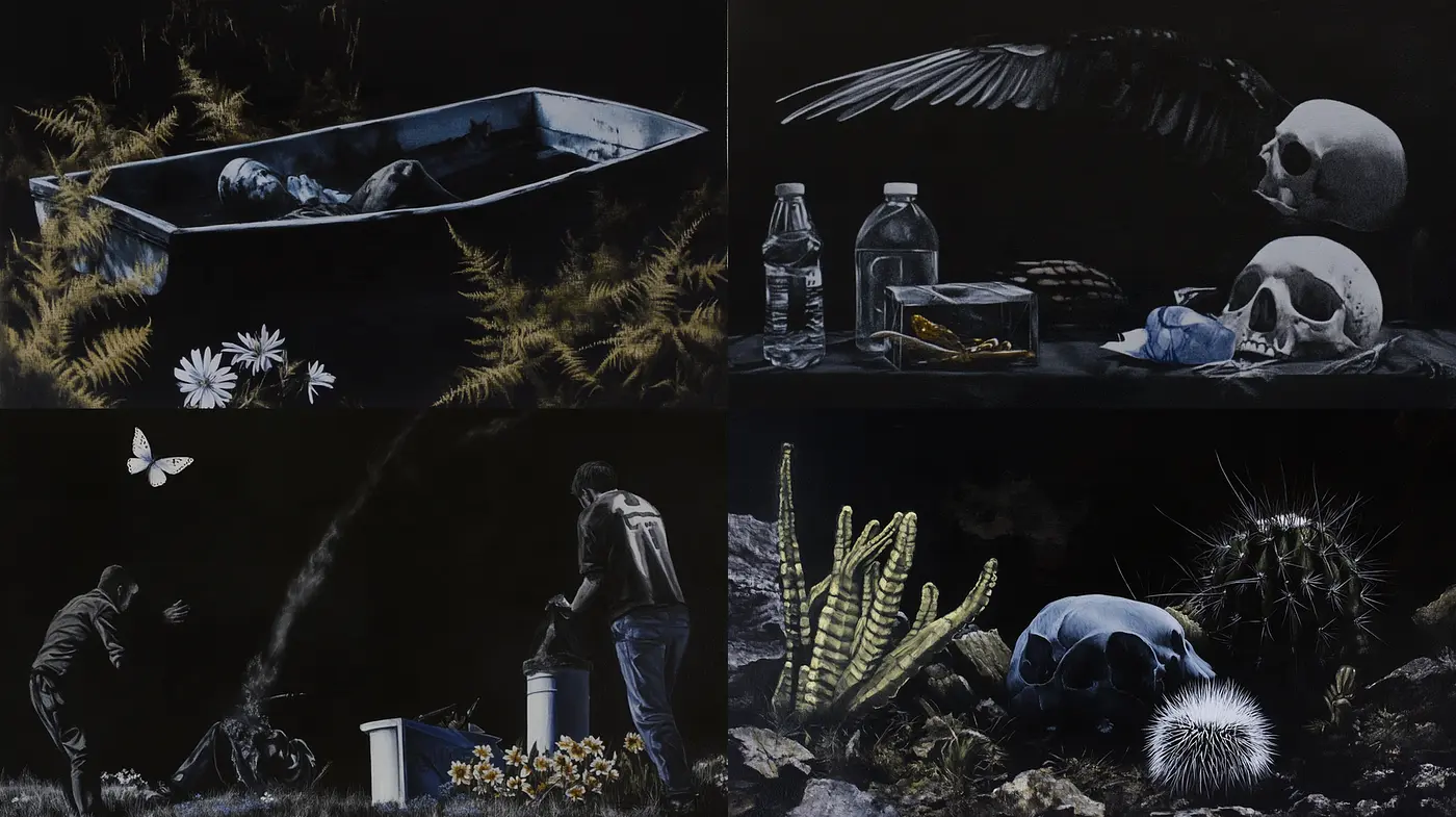 Dark, moody realism that combines elements of death and nature - Midjourney sref style