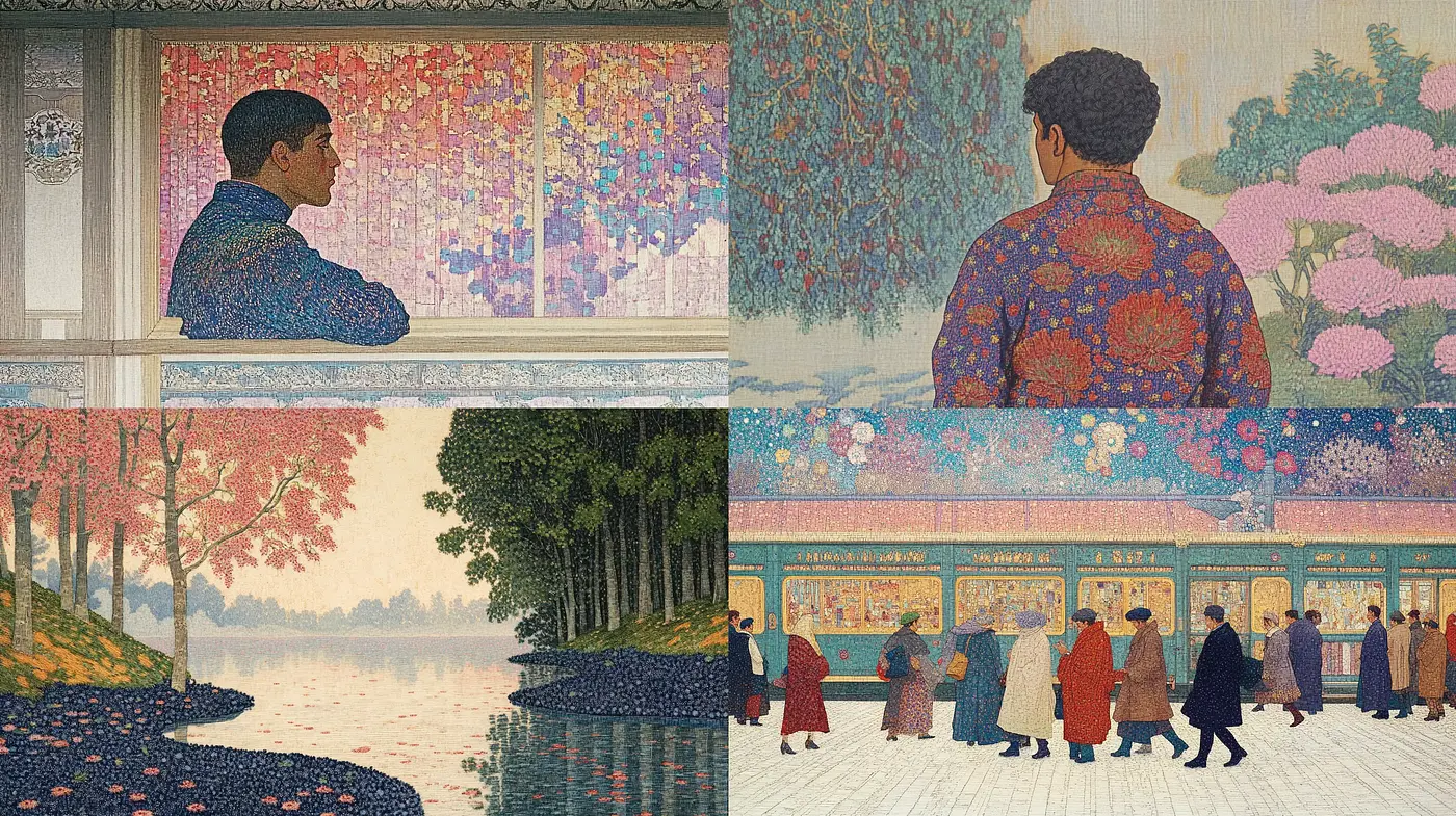 Interwoven Textural Harmony Reflecting a Pointillist Influence with a Touch of Modernity - Midjourney sref style