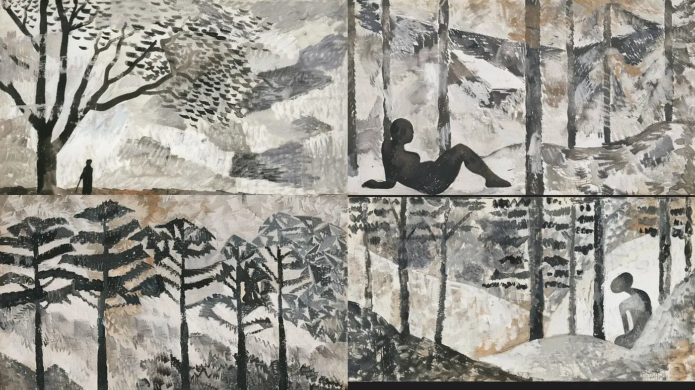 Serene Monochromatic Nature: A Stylized Homage to Textured Tranquility - Midjourney sref style