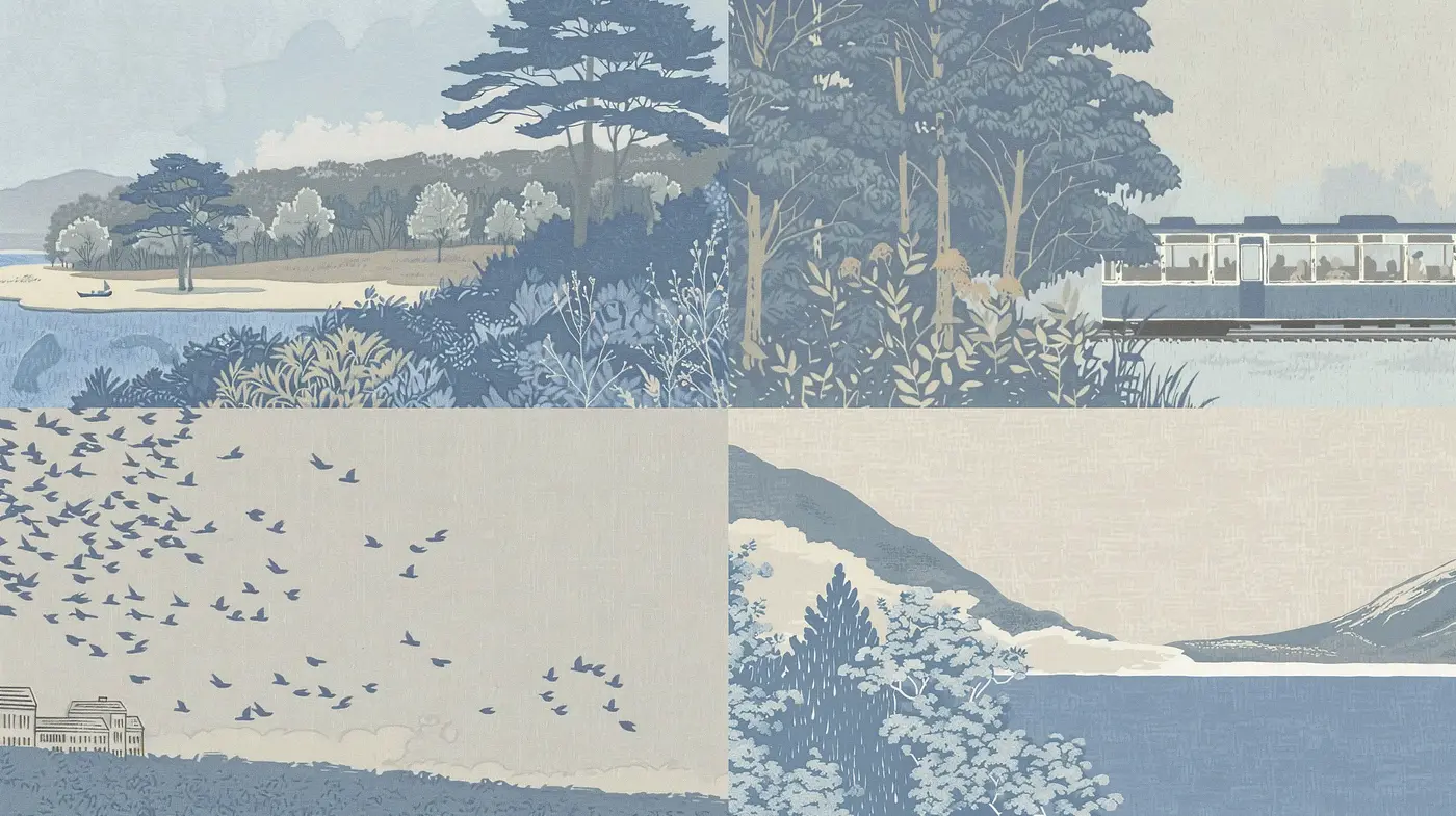 Serene Japanese Woodblock Print-Inspired Landscape Tableaus - Midjourney sref style