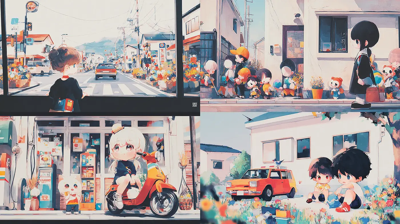 Vibrant and Whimsical Urban Scenes with a Touch of Nostalgia - Midjourney sref style