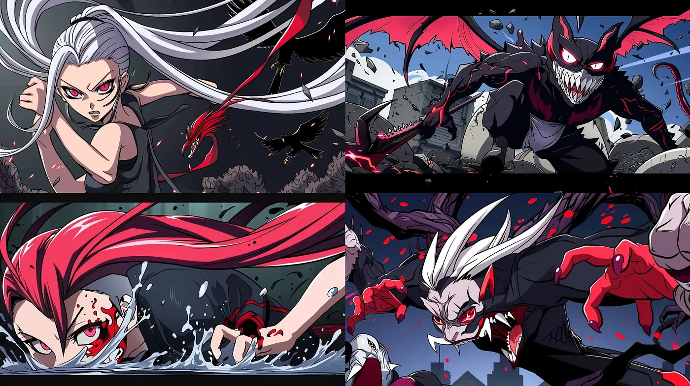 Dynamic Anime-Inspired Action with a Dark Palette - Midjourney sref style