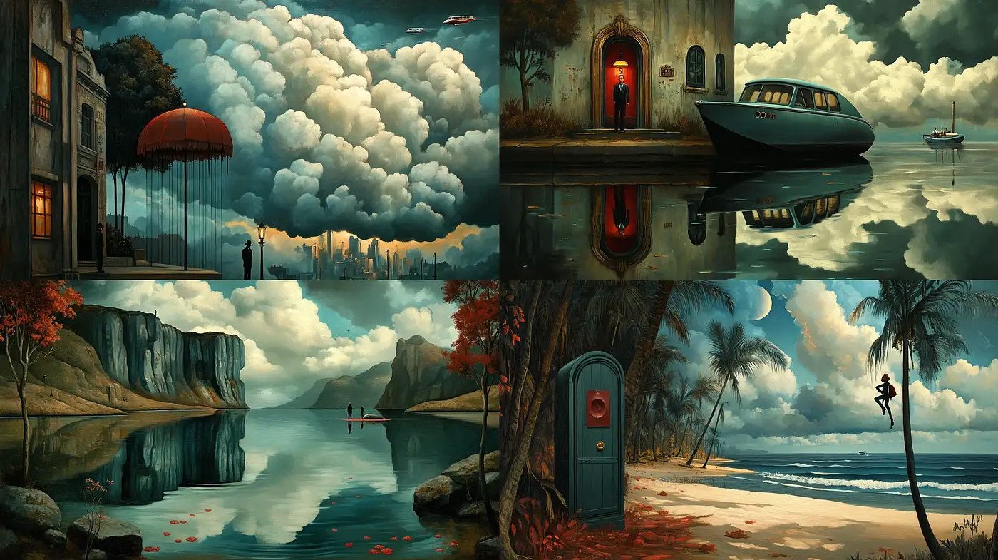 Surreal Serenity in Ocher Reflections - Midjourney sref style