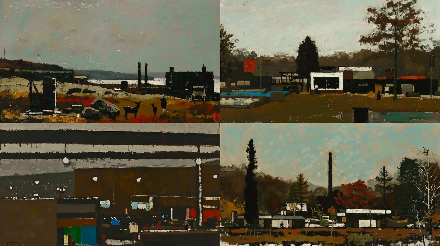 Textured Industrial Landscape Renderings with a Rustic Tonal Palette - Midjourney sref style