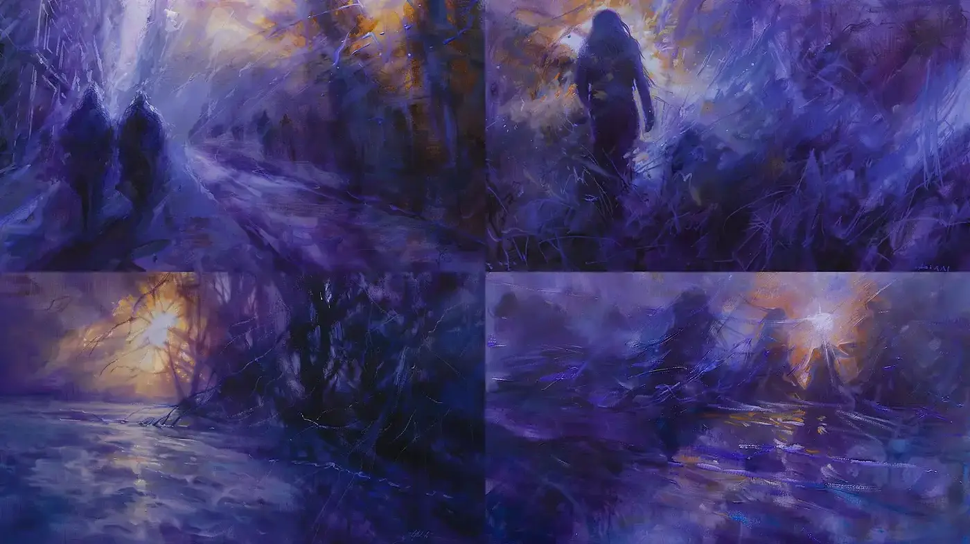 Mysterious landscapes with shadowy figures in a vivid twilight atmosphere - Midjourney sref style
