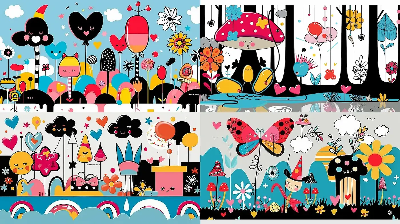 Whimsical, colorful illustrations with playful motifs and a childlike essence - Midjourney sref style