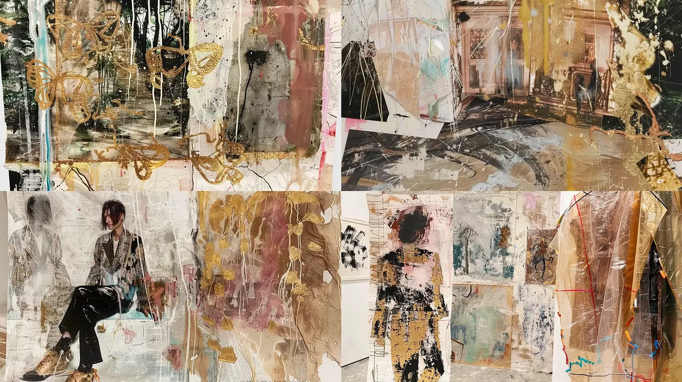 Abstract Textural Collage with Earthy and Metallic Accents - Midjourney sref style