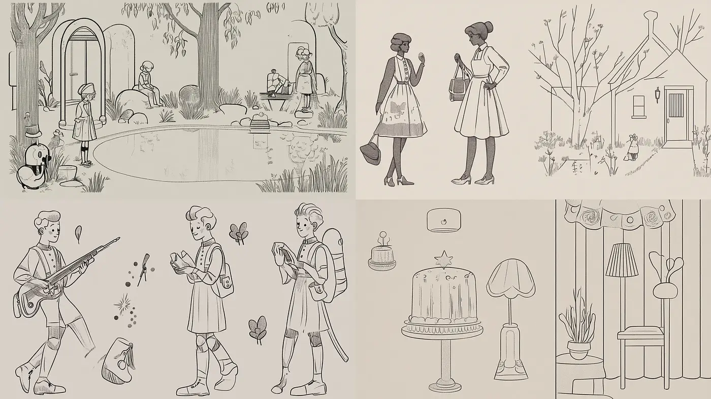 Monochromatic Nostalgic Sketchbook Memories - Midjourney sref style