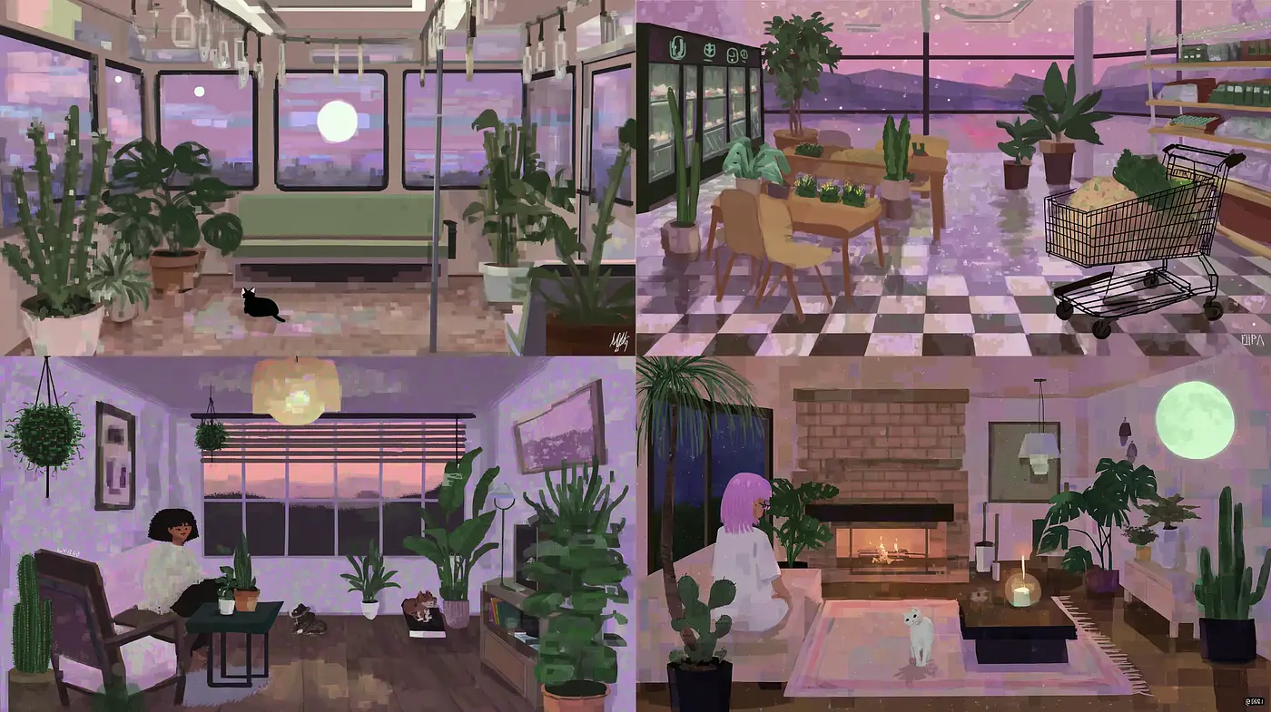 Serene Urban Environments with a Cozy Botanical Aesthetic - Midjourney sref style