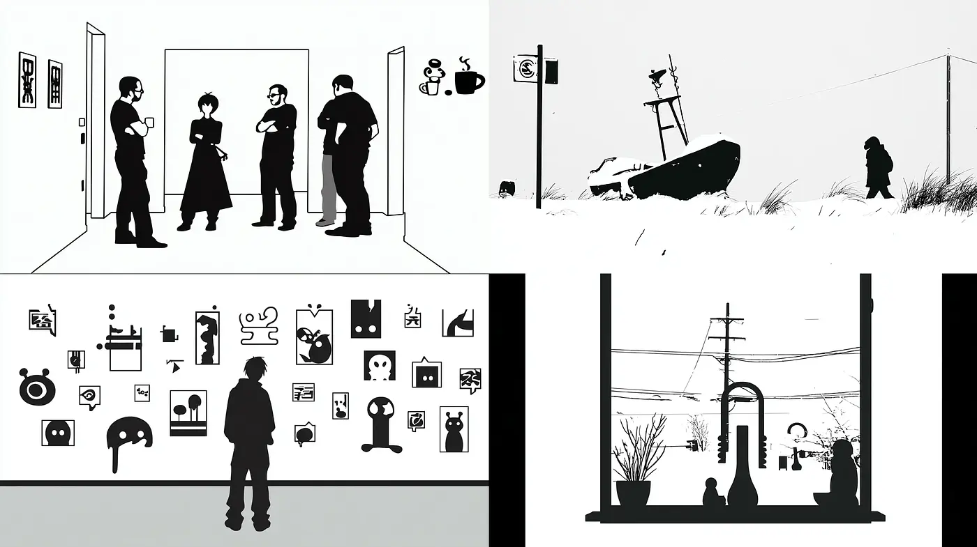 Minimalist Black and White Narrative with Stylistic Silhouette - Midjourney sref style