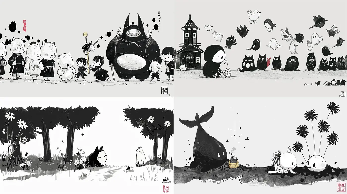 Monochrome Whimsy: A Nostalgic Dive into Stylized Ink-Wash Illustrations - Midjourney sref style