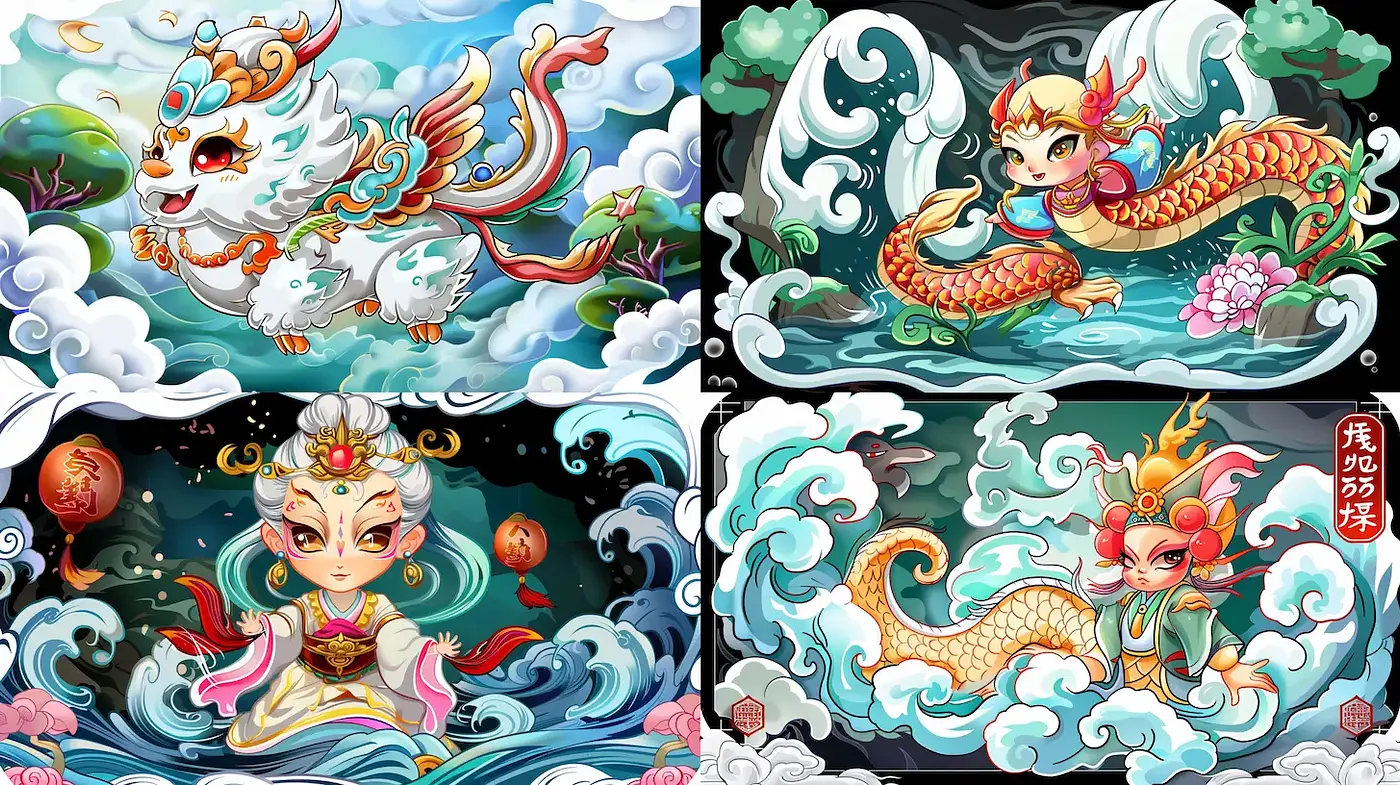 Stylized Asian Mythical Creatures with Playful Elements and Brilliant Colors - Midjourney sref style